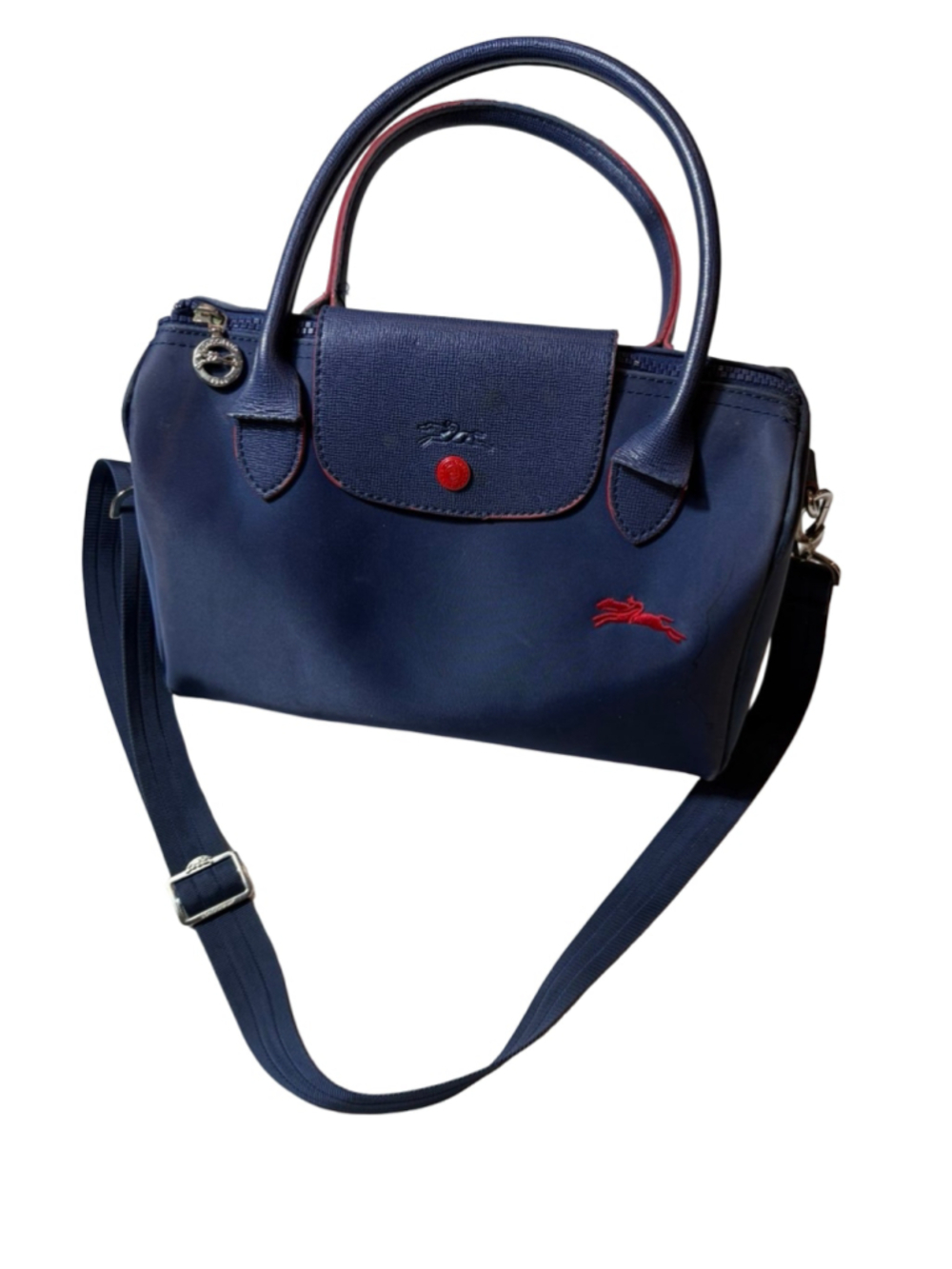 Longchamp Le Pliage Navy Red Nylon Travel Weekender Bag Made in France